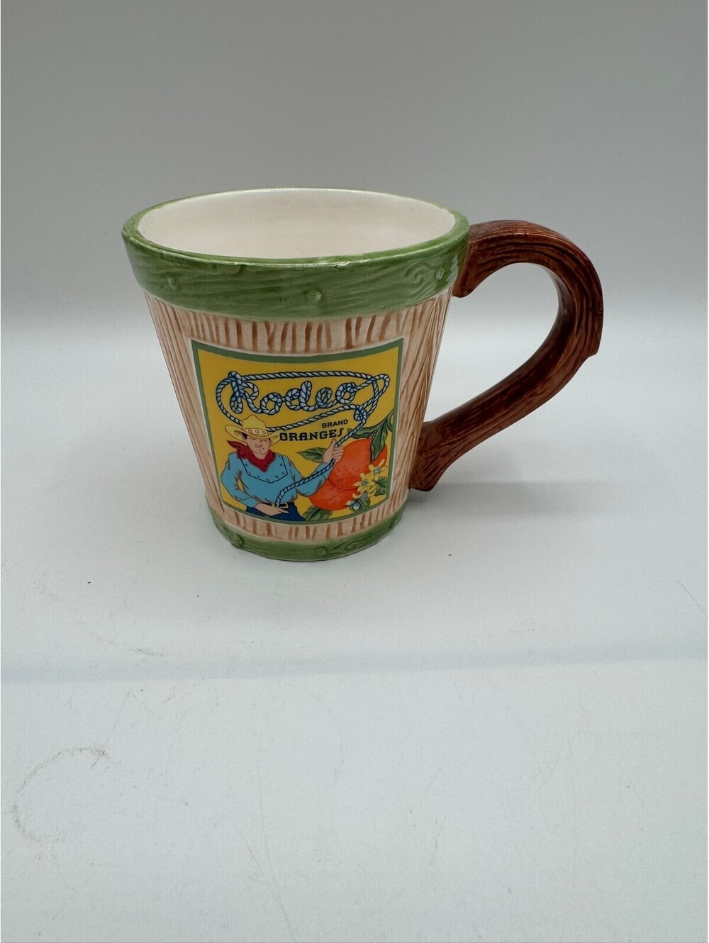Vintage Rodeo Brand Oranges Ceramic Coffee Mug Faux Wood Western Cowboy Cup